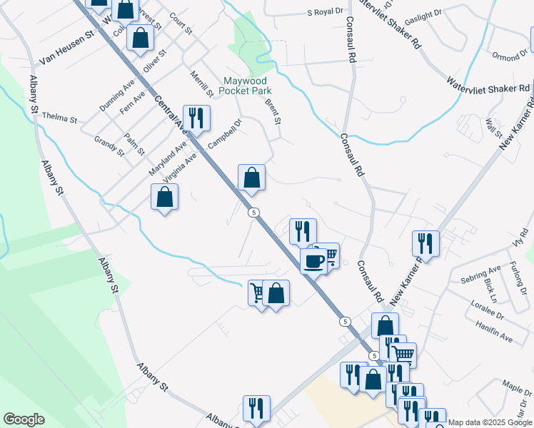 map of restaurants, bars, coffee shops, grocery stores, and more near 1929 New York 5 in Albany