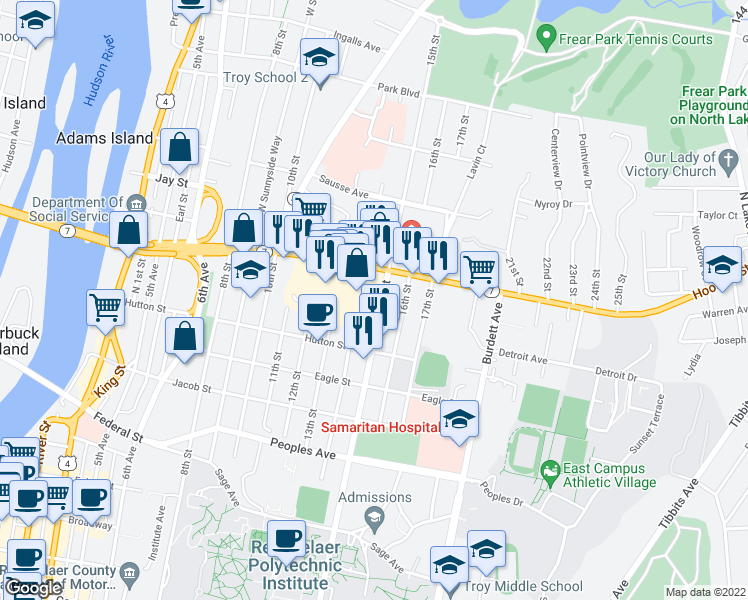 map of restaurants, bars, coffee shops, grocery stores, and more near 2335 15th Street in Troy