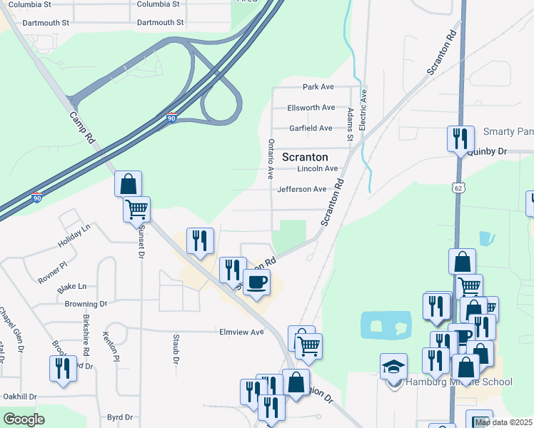 map of restaurants, bars, coffee shops, grocery stores, and more near 3939 Monroe Avenue in Hamburg