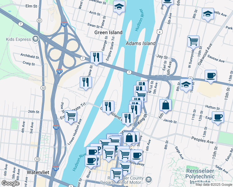 map of restaurants, bars, coffee shops, grocery stores, and more near 1803 River View Road in Green Island