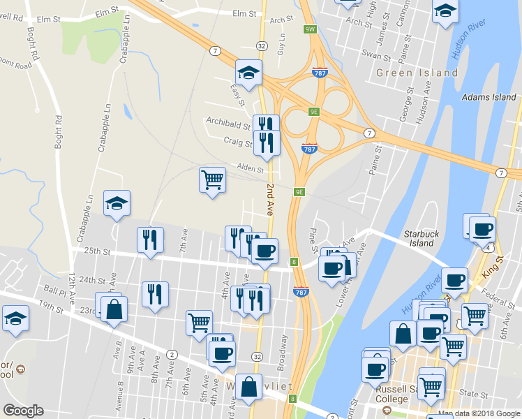 map of restaurants, bars, coffee shops, grocery stores, and more near 205 27th Street in Watervliet