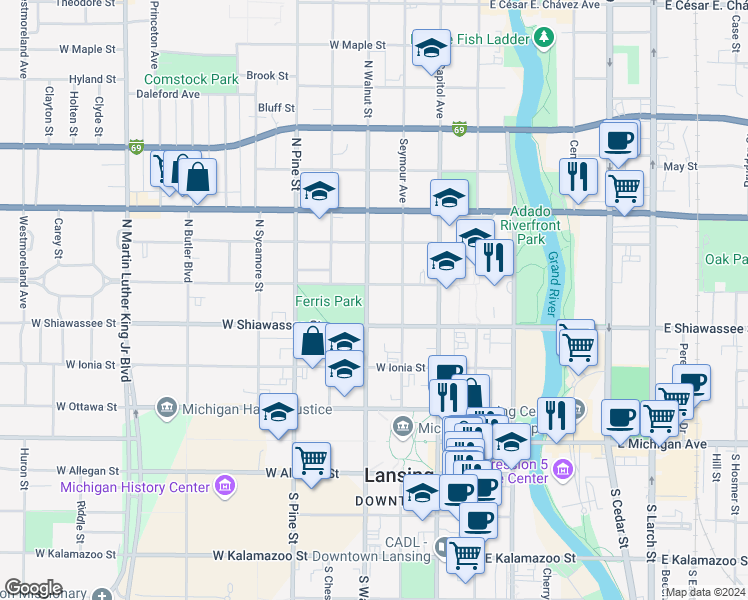 map of restaurants, bars, coffee shops, grocery stores, and more near 422 North Walnut Street in Lansing
