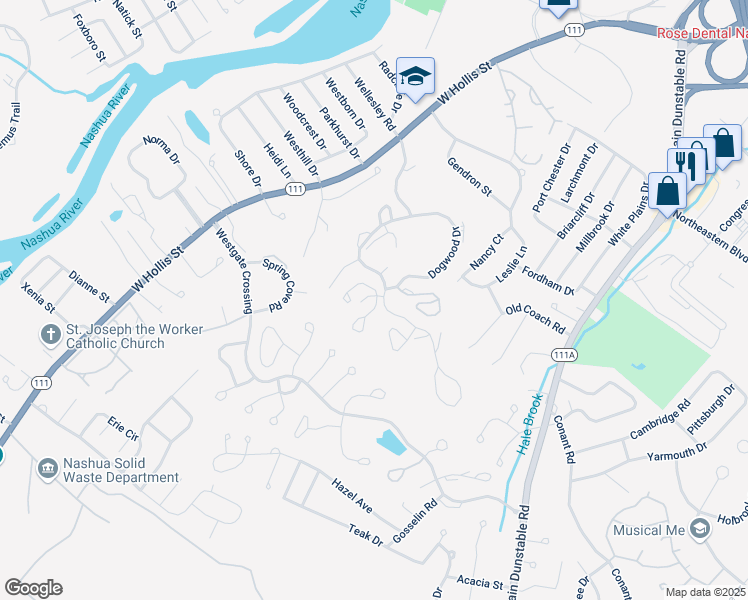 map of restaurants, bars, coffee shops, grocery stores, and more near 11 Iris Court in Nashua