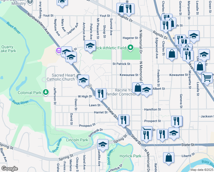 map of restaurants, bars, coffee shops, grocery stores, and more near 1914 Albert Street in Racine