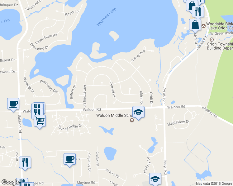 map of restaurants, bars, coffee shops, grocery stores, and more near 2604 Gemini Drive in Orion charter Township