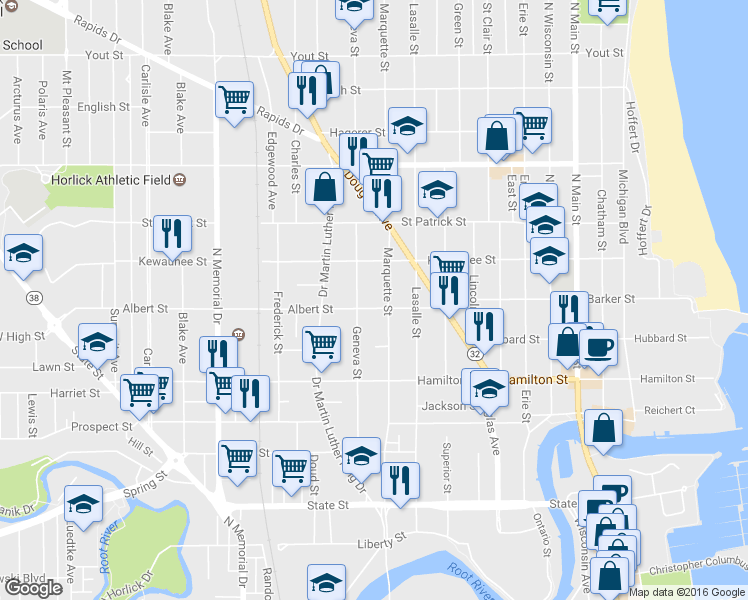 map of restaurants, bars, coffee shops, grocery stores, and more near 1112 Albert Street in Racine