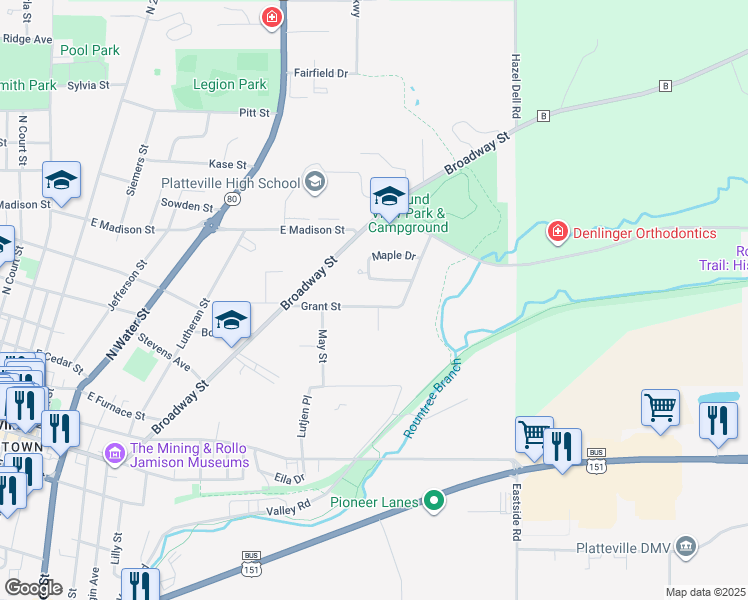 map of restaurants, bars, coffee shops, grocery stores, and more near 920 Grant Street in Platteville