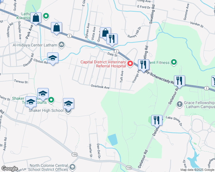 map of restaurants, bars, coffee shops, grocery stores, and more near 66 Overlook Ave in Latham
