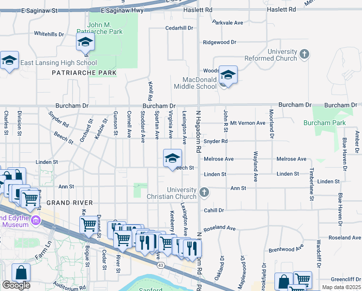 map of restaurants, bars, coffee shops, grocery stores, and more near 575 Lexington Avenue in East Lansing