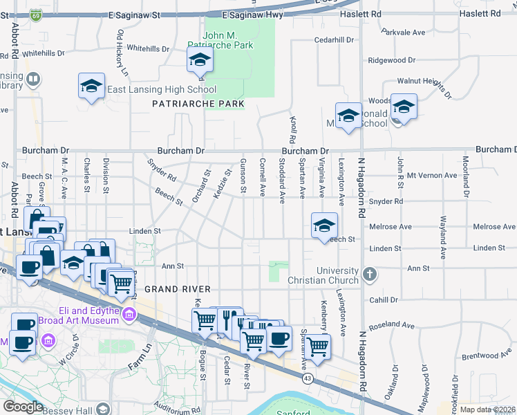 map of restaurants, bars, coffee shops, grocery stores, and more near 575 Cornell Avenue in East Lansing