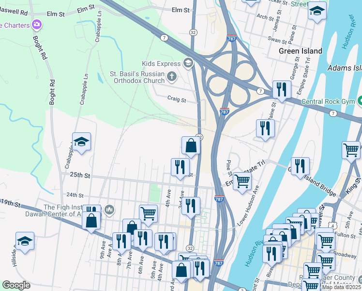 map of restaurants, bars, coffee shops, grocery stores, and more near 318 27th Street in Watervliet