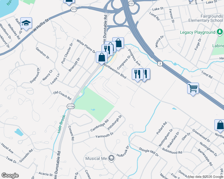 map of restaurants, bars, coffee shops, grocery stores, and more near 53 Congress Street in Nashua