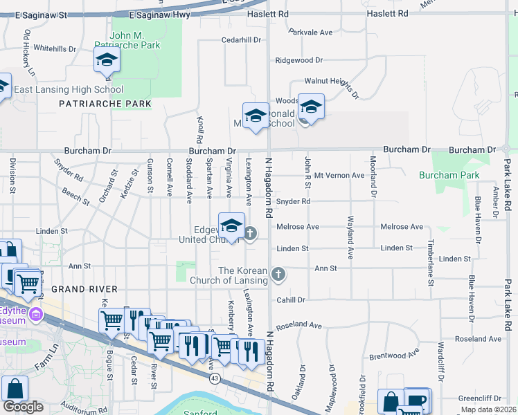 map of restaurants, bars, coffee shops, grocery stores, and more near 575 Lexington Avenue in East Lansing