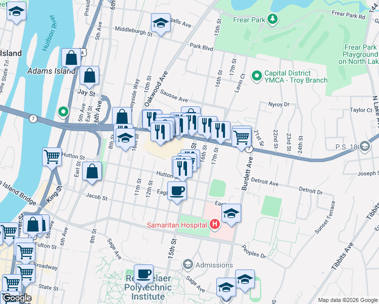 map of restaurants, bars, coffee shops, grocery stores, and more near 2335 15th Street in Troy