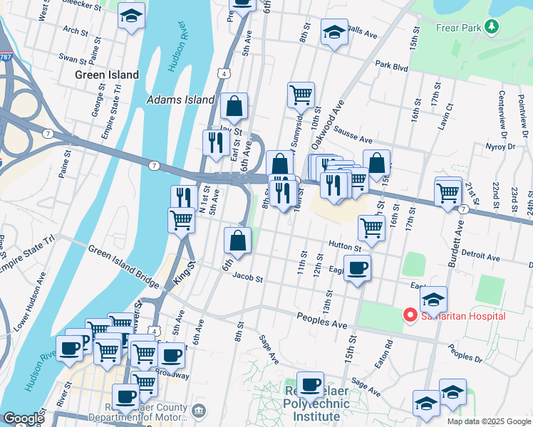 map of restaurants, bars, coffee shops, grocery stores, and more near 179 9th Street in Troy
