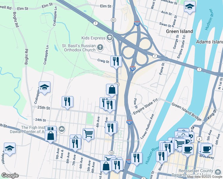 map of restaurants, bars, coffee shops, grocery stores, and more near 205 27th Street in Watervliet
