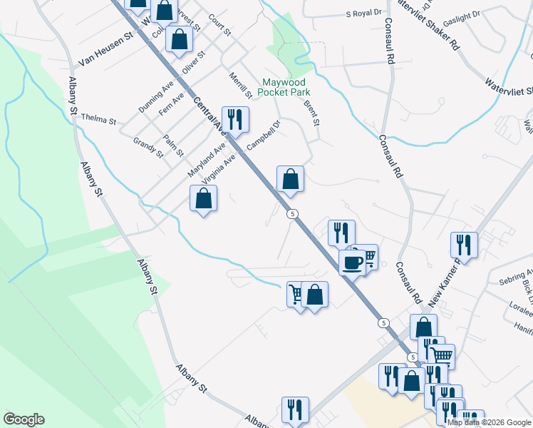 map of restaurants, bars, coffee shops, grocery stores, and more near 1950 Central Avenue in Albany