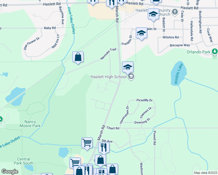 map of restaurants, bars, coffee shops, grocery stores, and more near 5400 Maple Ridge Road in Meridian charter Township
