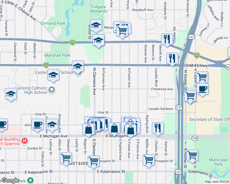 map of restaurants, bars, coffee shops, grocery stores, and more near 425 North Hayford Avenue in Lansing