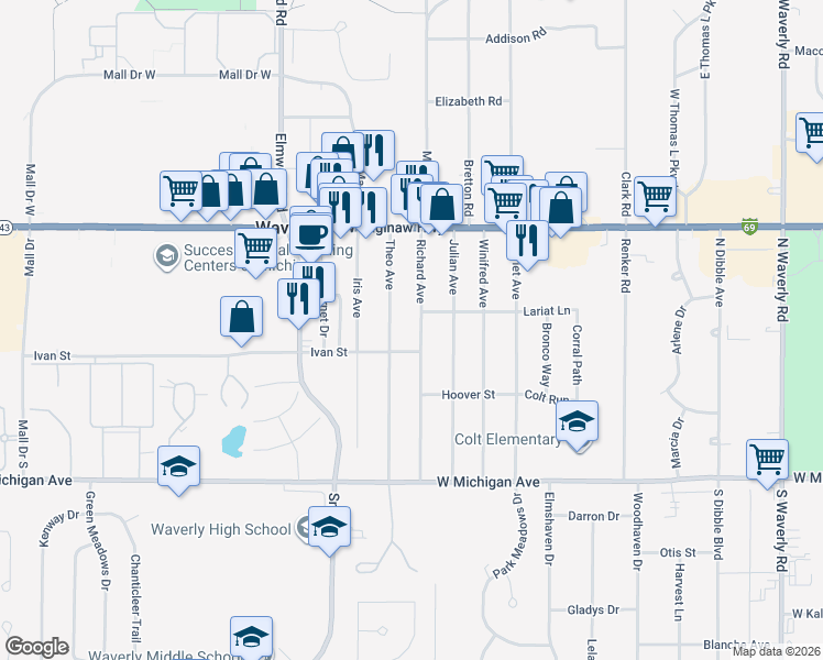 map of restaurants, bars, coffee shops, grocery stores, and more near 414 Theo Avenue in Lansing