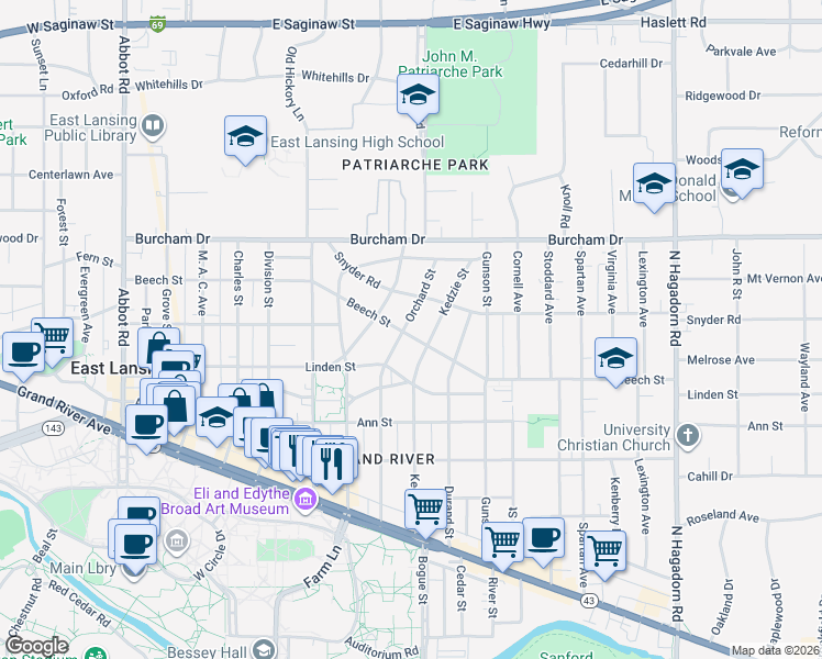 map of restaurants, bars, coffee shops, grocery stores, and more near 510 Orchard Street in East Lansing