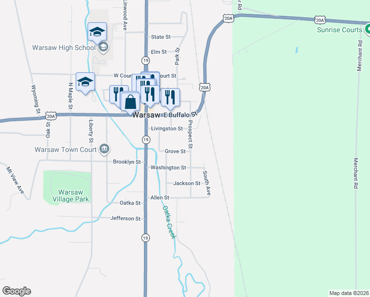 map of restaurants, bars, coffee shops, grocery stores, and more near 49 Grove Street in Warsaw