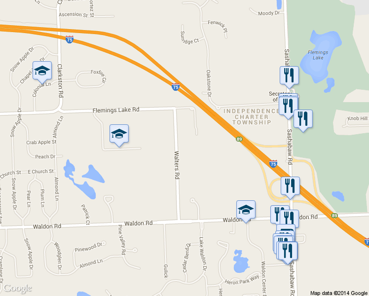 map of restaurants, bars, coffee shops, grocery stores, and more near 6770 Walters Road in Clarkston