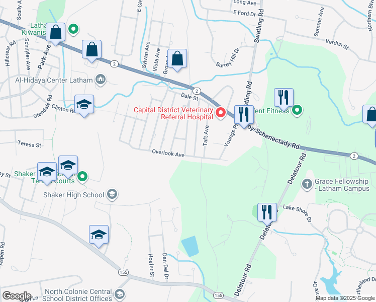 map of restaurants, bars, coffee shops, grocery stores, and more near 66 Overlook Avenue in Latham