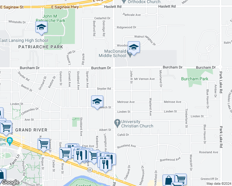 map of restaurants, bars, coffee shops, grocery stores, and more near 1510 Snyder Road in East Lansing