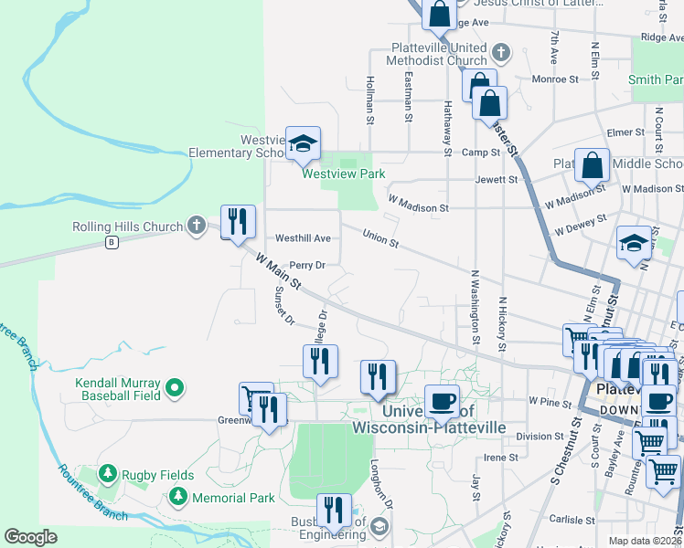 map of restaurants, bars, coffee shops, grocery stores, and more near 342 Waite Lane in Platteville
