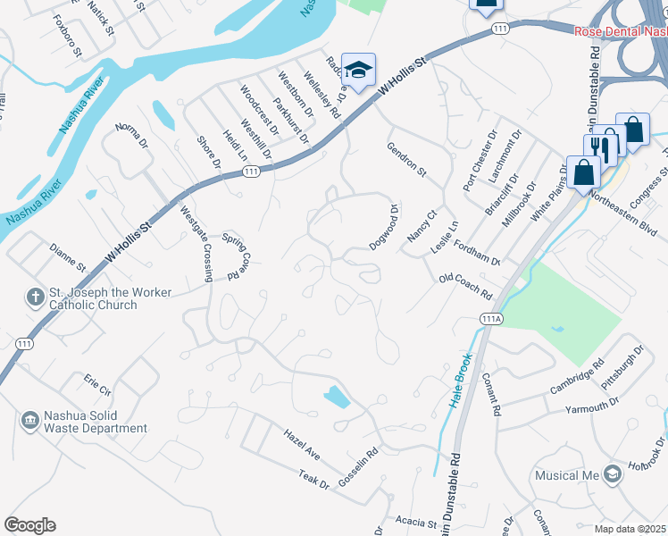 map of restaurants, bars, coffee shops, grocery stores, and more near 53 Ledgewood Hills Drive in Nashua