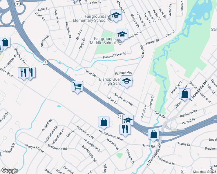 map of restaurants, bars, coffee shops, grocery stores, and more near 173 Lund Road in Nashua