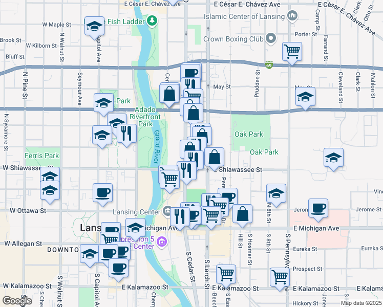 map of restaurants, bars, coffee shops, grocery stores, and more near 432 North Cedar Street in Lansing