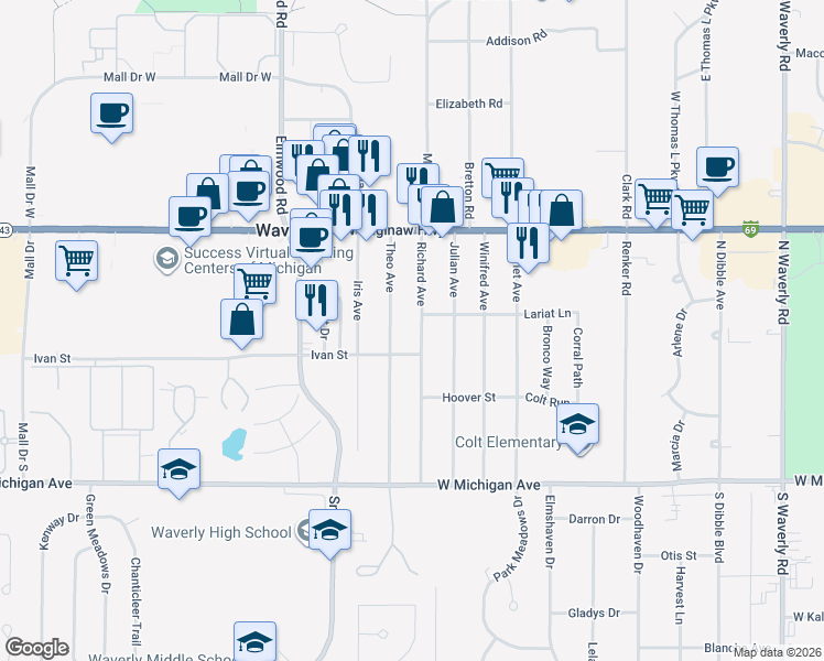 map of restaurants, bars, coffee shops, grocery stores, and more near 414 Theo Avenue in Lansing
