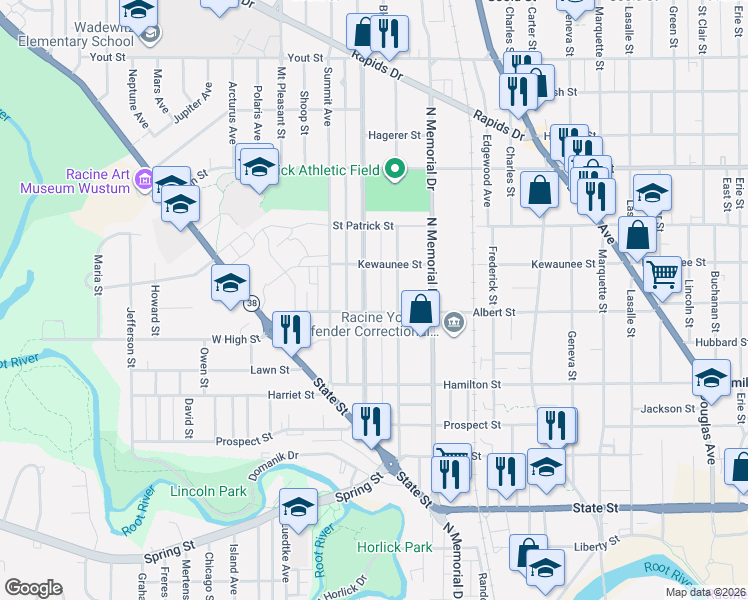 map of restaurants, bars, coffee shops, grocery stores, and more near 1720 Albert Street in Racine
