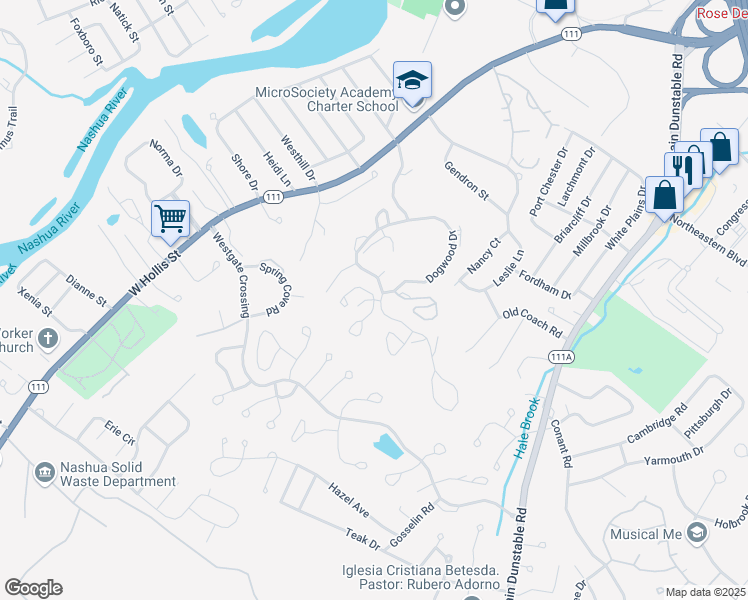 map of restaurants, bars, coffee shops, grocery stores, and more near 2 Rosemary Court in Nashua