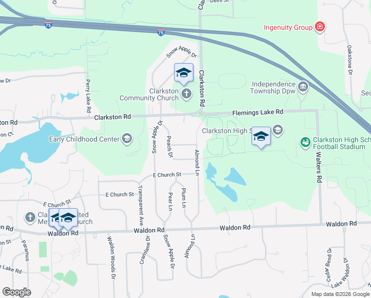 map of restaurants, bars, coffee shops, grocery stores, and more near 6303 Crab Apple Street in Clarkston