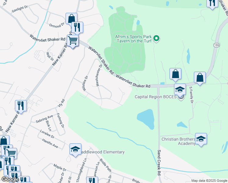 map of restaurants, bars, coffee shops, grocery stores, and more near 16 Devonshire Drive in Albany