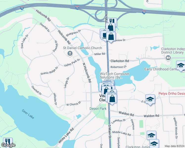 map of restaurants, bars, coffee shops, grocery stores, and more near 80 North Holcomb Road in Clarkston