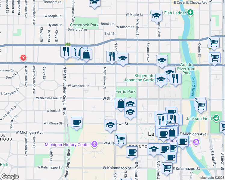 map of restaurants, bars, coffee shops, grocery stores, and more near 418 North Sycamore Street in Lansing