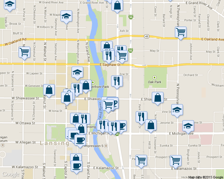 map of restaurants, bars, coffee shops, grocery stores, and more near 501 North Cedar Street in Lansing
