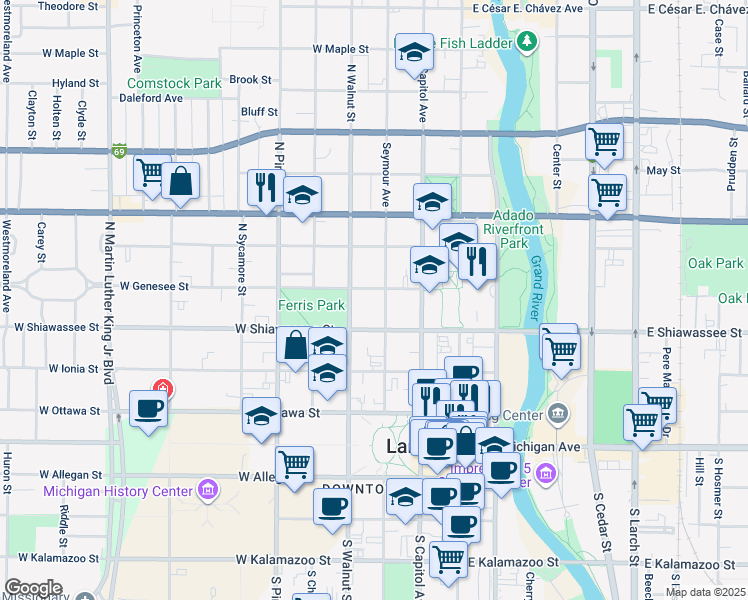 map of restaurants, bars, coffee shops, grocery stores, and more near 422 North Walnut Street in Lansing