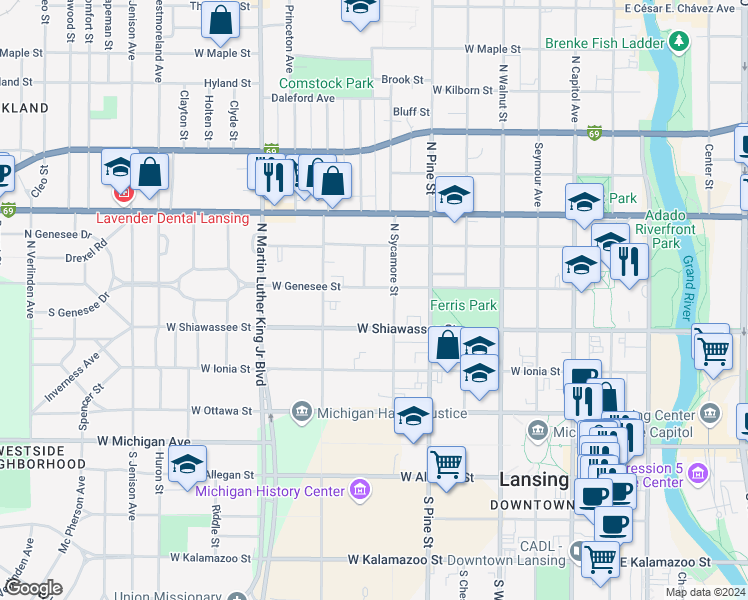 map of restaurants, bars, coffee shops, grocery stores, and more near 423 North Sycamore Street in Lansing