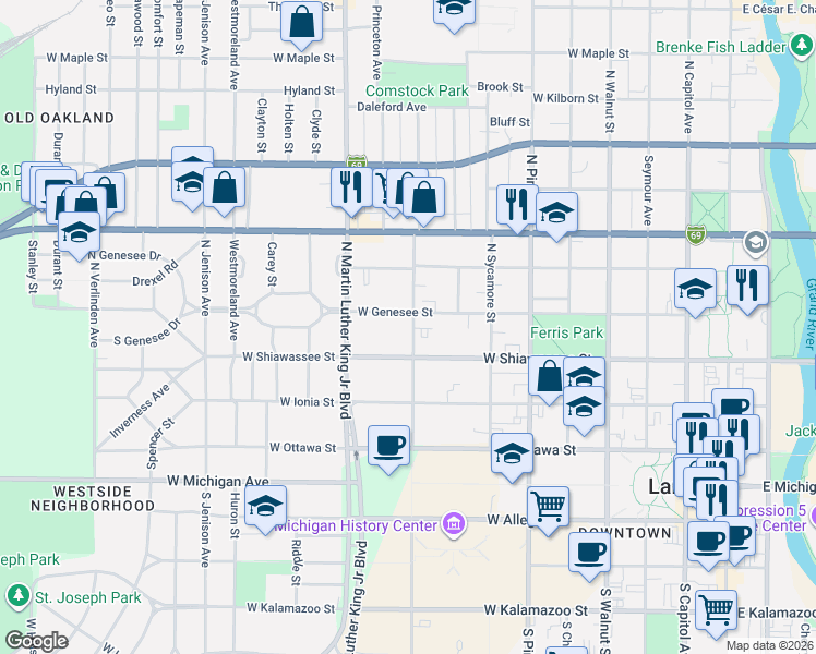 map of restaurants, bars, coffee shops, grocery stores, and more near 919 West Genesee Street in Lansing