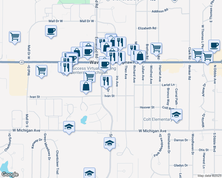 map of restaurants, bars, coffee shops, grocery stores, and more near 416 Dornet Drive in Lansing