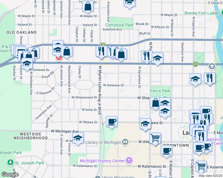 map of restaurants, bars, coffee shops, grocery stores, and more near 919 West Genesee Street in Lansing