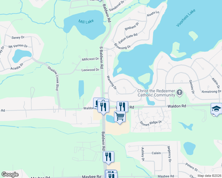 map of restaurants, bars, coffee shops, grocery stores, and more near 2800 Walmsley Circle in Orion charter Township