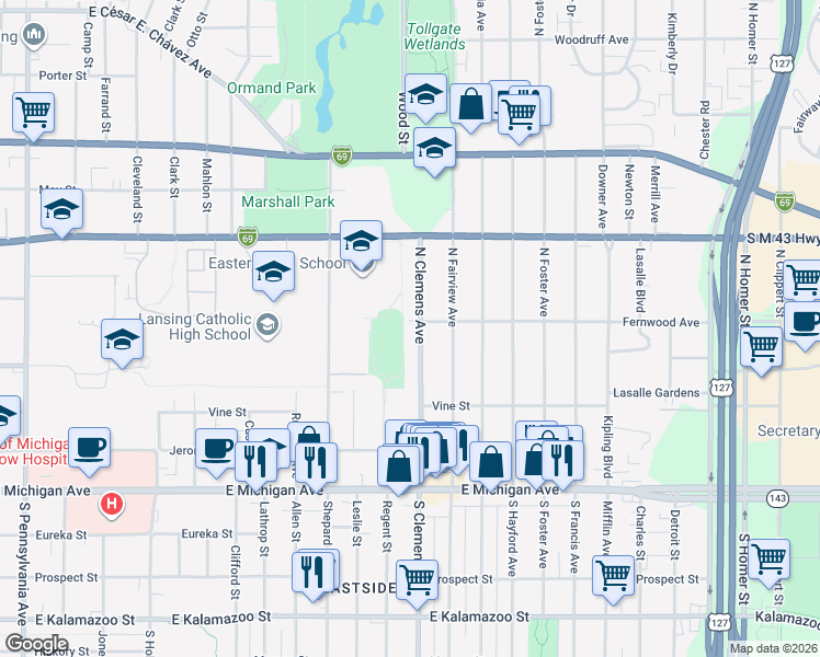 map of restaurants, bars, coffee shops, grocery stores, and more near 427 North Clemens Avenue in Lansing