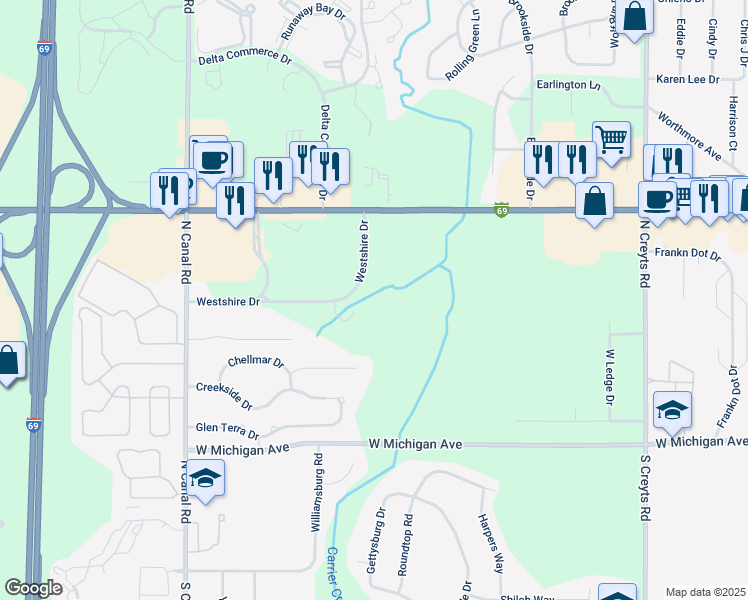 map of restaurants, bars, coffee shops, grocery stores, and more near 1942 Westshire Drive in Lansing