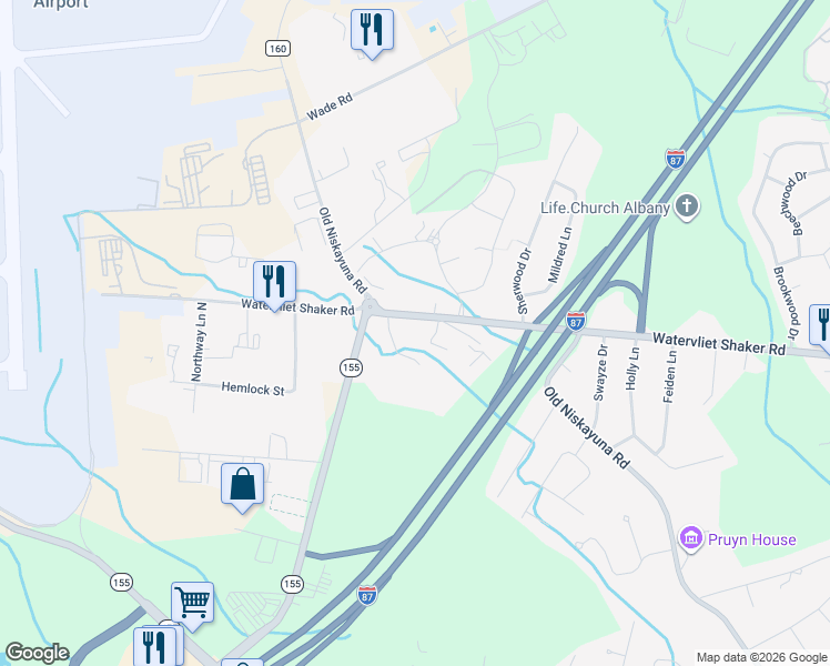 map of restaurants, bars, coffee shops, grocery stores, and more near 329 Wolf Road in Latham